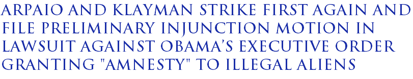 Arpaio and Klayman strike first again and file preliminary injunction motion in lawsuit against Obama's executive order granting "amnesty" to illegal aliens Arpaio and Klayman strike first again and file preliminary injunction motion in lawsuit against Obama's executive order granting "amnesty" to illegal aliens