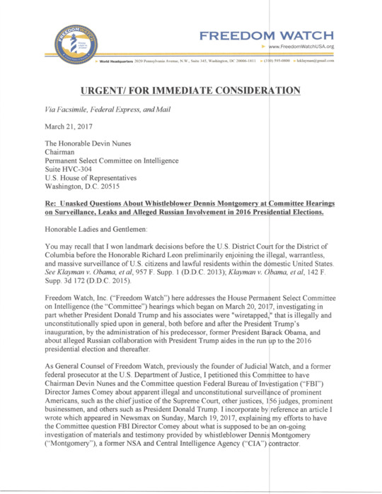 Image result for Freedom Watch letter to Nunes